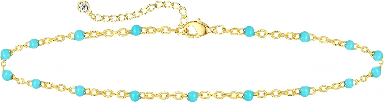 Women 14K Gold Plated Beaded Anklet Waterproof | Non Tarnish Blue Turquoise Chain