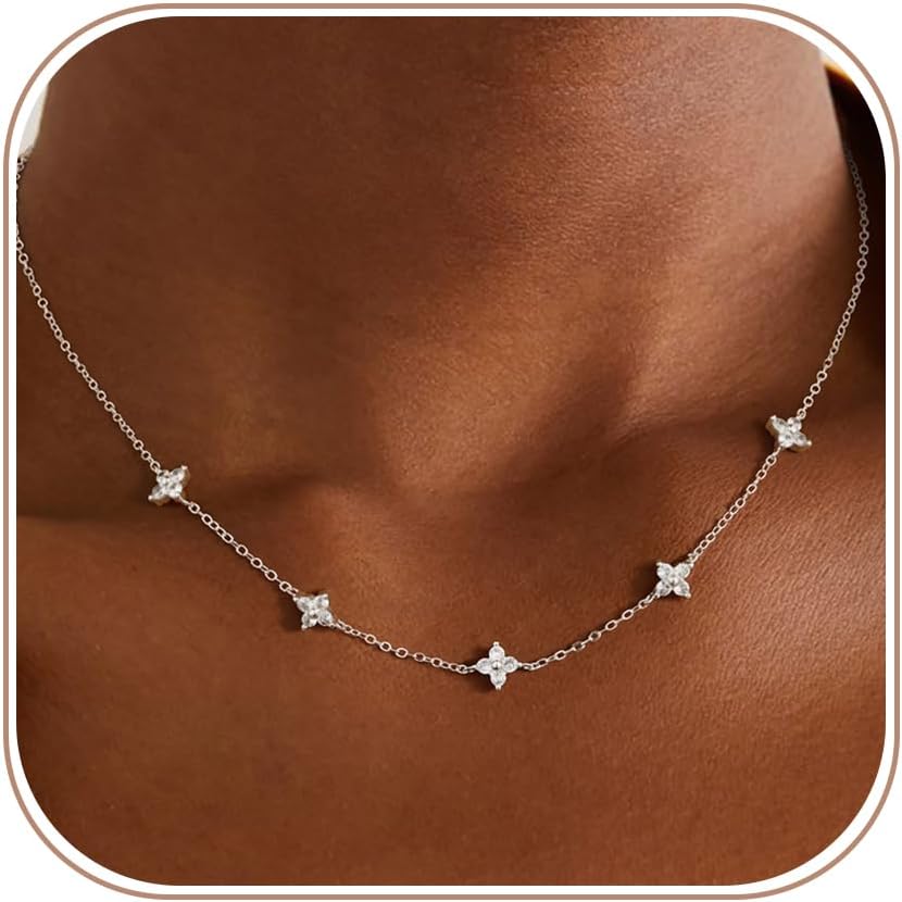 Dainty Silver Necklaces for Women Silver Plated Choker Trendy Non Tarnish Simple CZ Necklace Trendy Jewelry Gifts