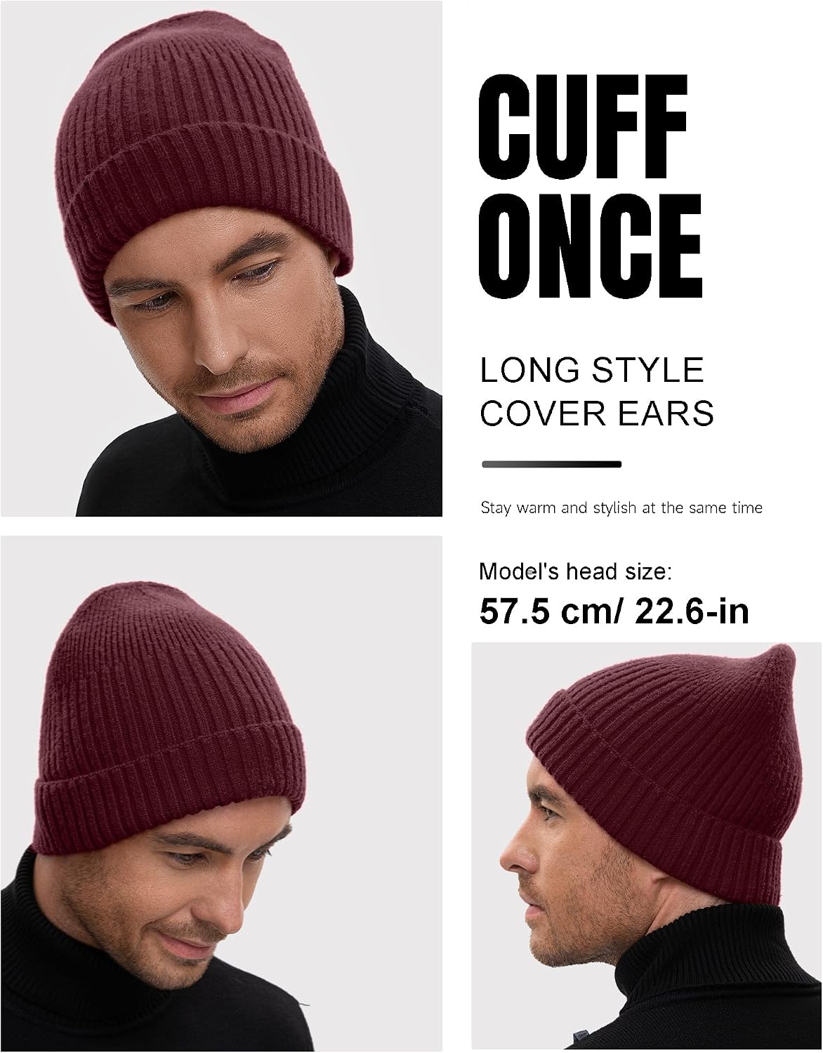 Women Warm Winter Cap Wine | 2-Way Fold. Short Fisherman Skull Cap or Long Trawler Watch Cap for Ear Cover