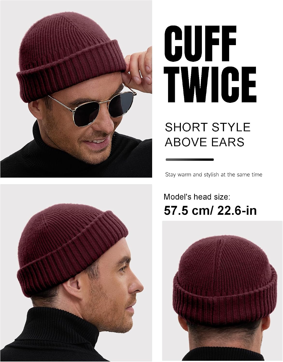 Women Warm Winter Cap Wine | 2-Way Fold. Short Fisherman Skull Cap or Long Trawler Watch Cap for Ear Cover