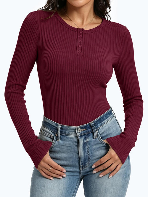 ANRABESS Women's Ribbed Henley Top Long Sleeve Shirts. Burgundy. S | Slim Fitted Tee. Soft Comfy. Business Casual 0ffice Work Outfits. Going Out Daily Wear. Fall Spring Transition Clothing at Amazon Women's Clothing store