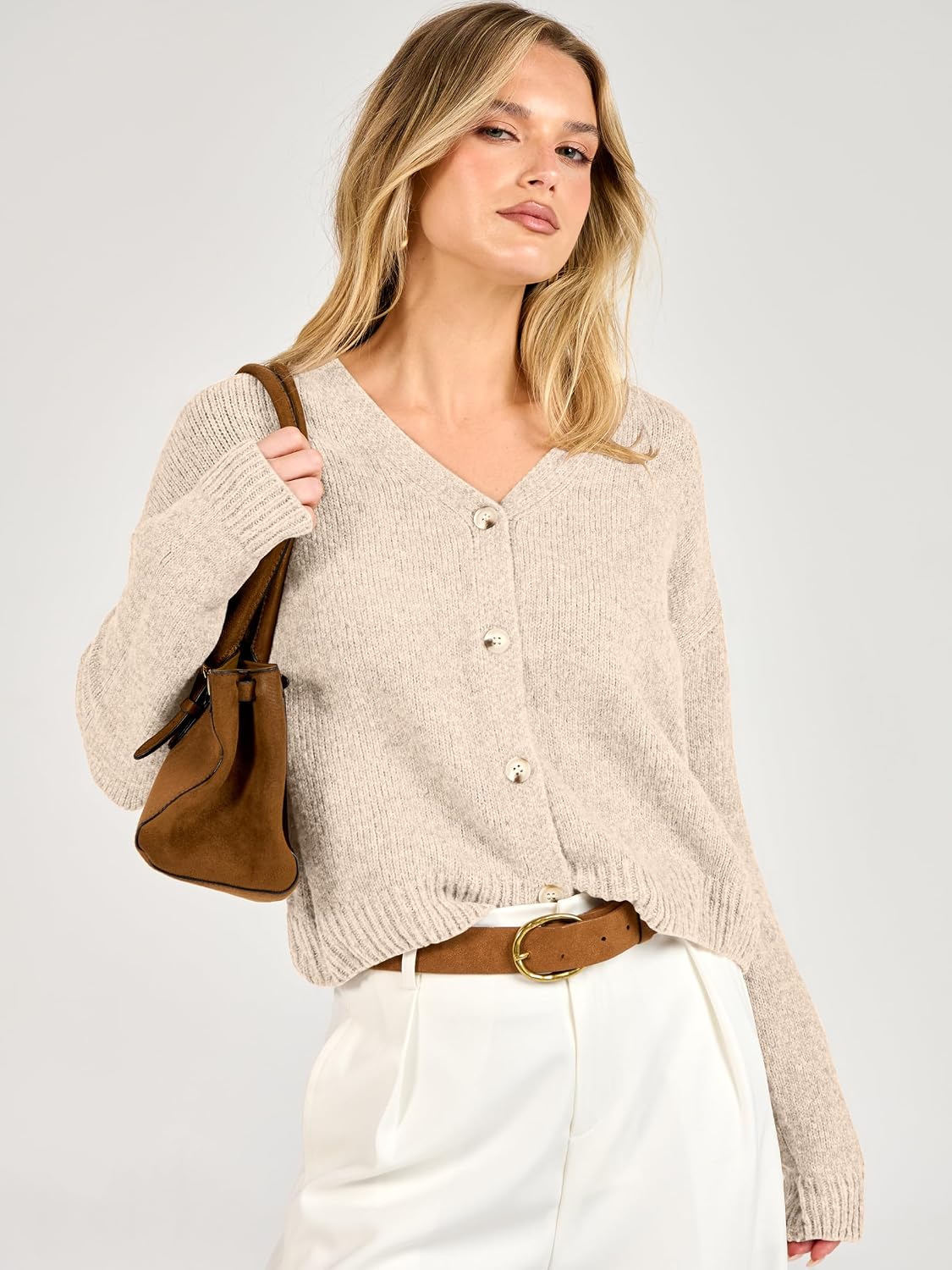 Women  Chunky Knit Button Down V Neck Long Sleeve.Cozy Soft Open Front Drop-shoulder fit