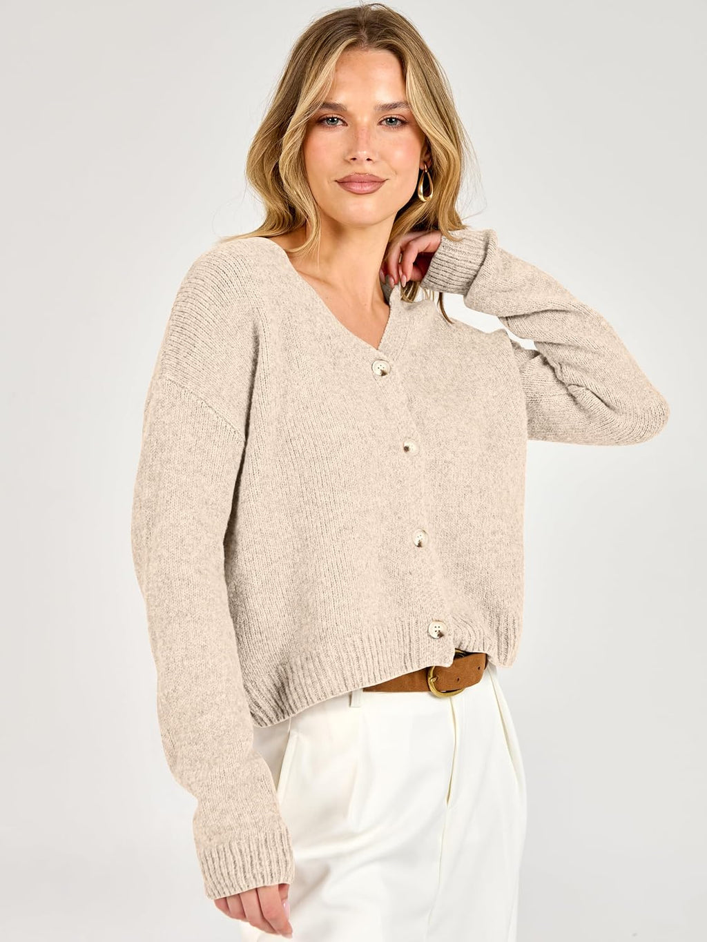 Women  Chunky Knit Button Down V Neck Long Sleeve.Cozy Soft Open Front Drop-shoulder fit