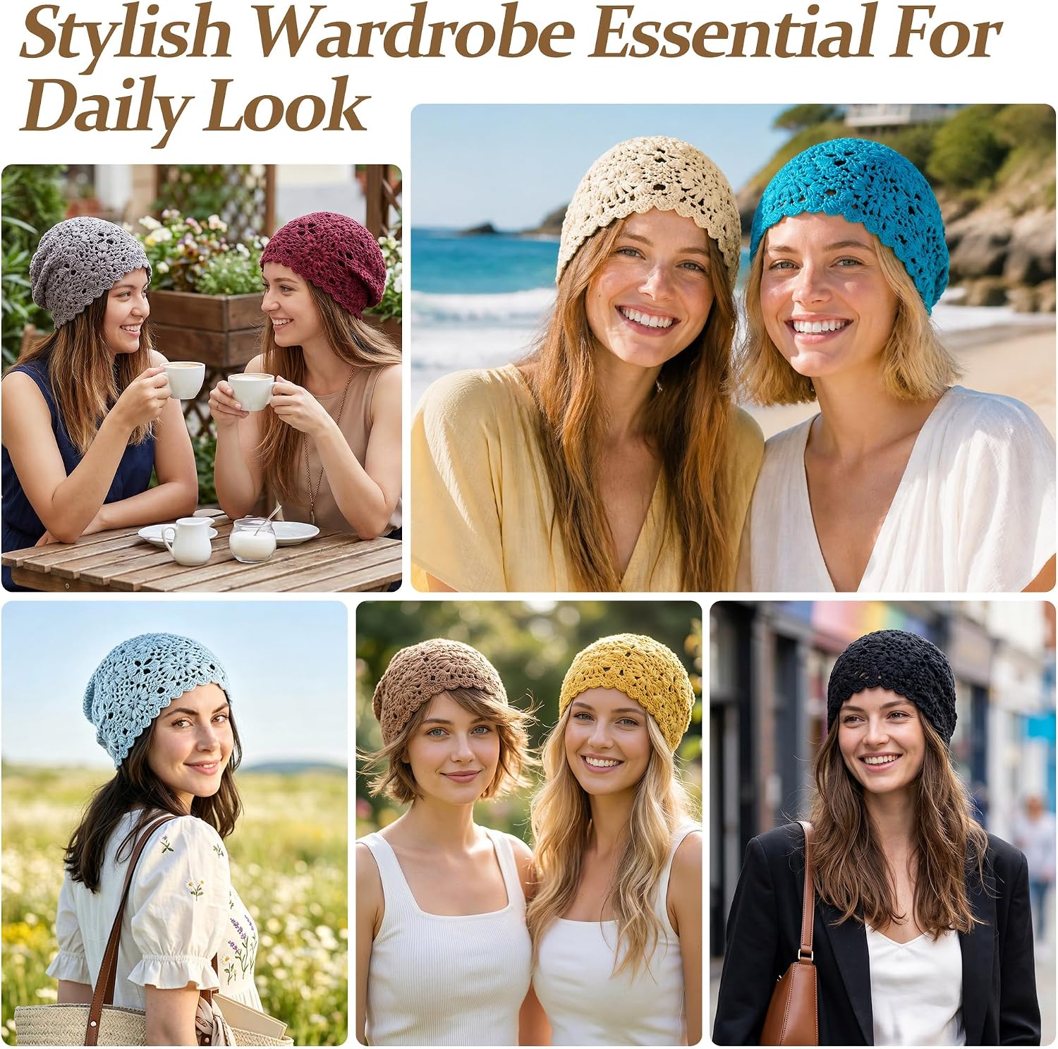 Women's 100% Cotton Handmade Crochet Hat Boho Beanie Handmade Knit Skull Caps for All Seasons