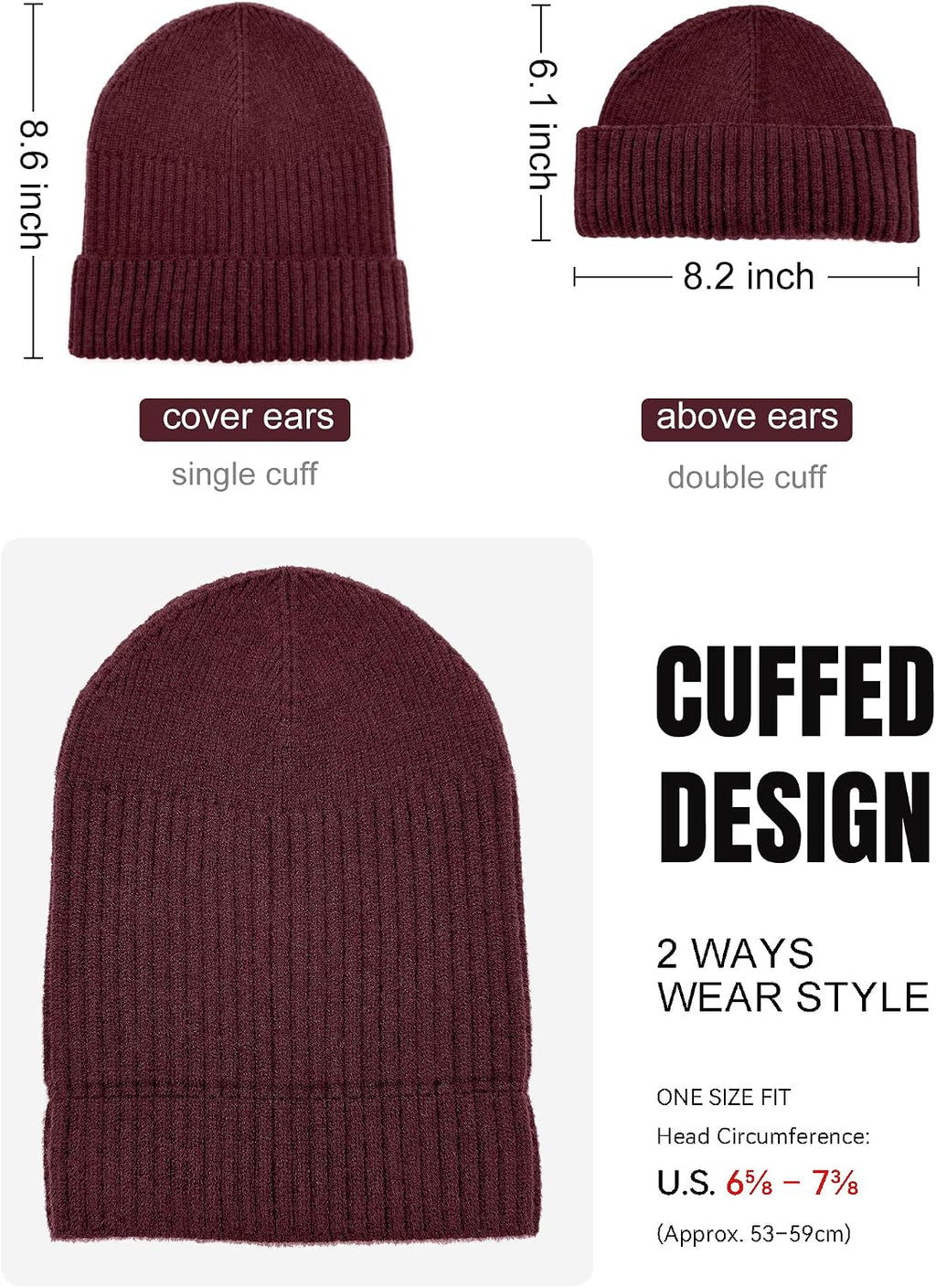 Women Warm Winter Cap Wine | 2-Way Fold. Short Fisherman Skull Cap or Long Trawler Watch Cap for Ear Cover