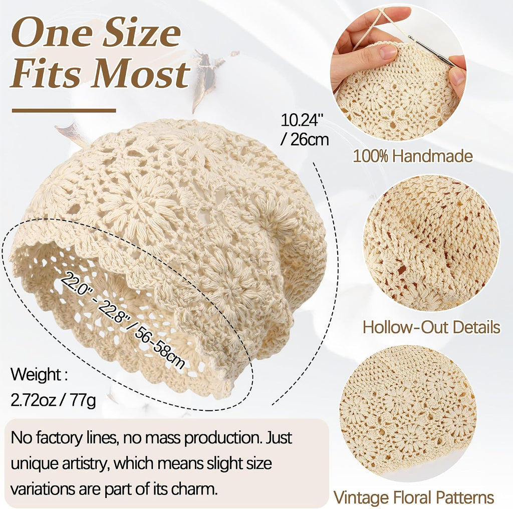 Women's 100% Cotton Handmade Crochet Hat Boho Beanie Handmade Knit Skull Caps for All Seasons