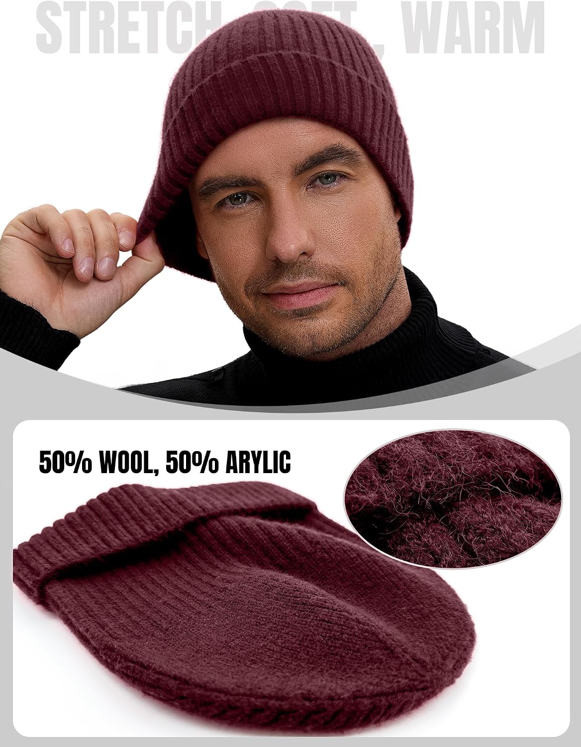 Women Warm Winter Cap Wine | 2-Way Fold. Short Fisherman Skull Cap or Long Trawler Watch Cap for Ear Cover