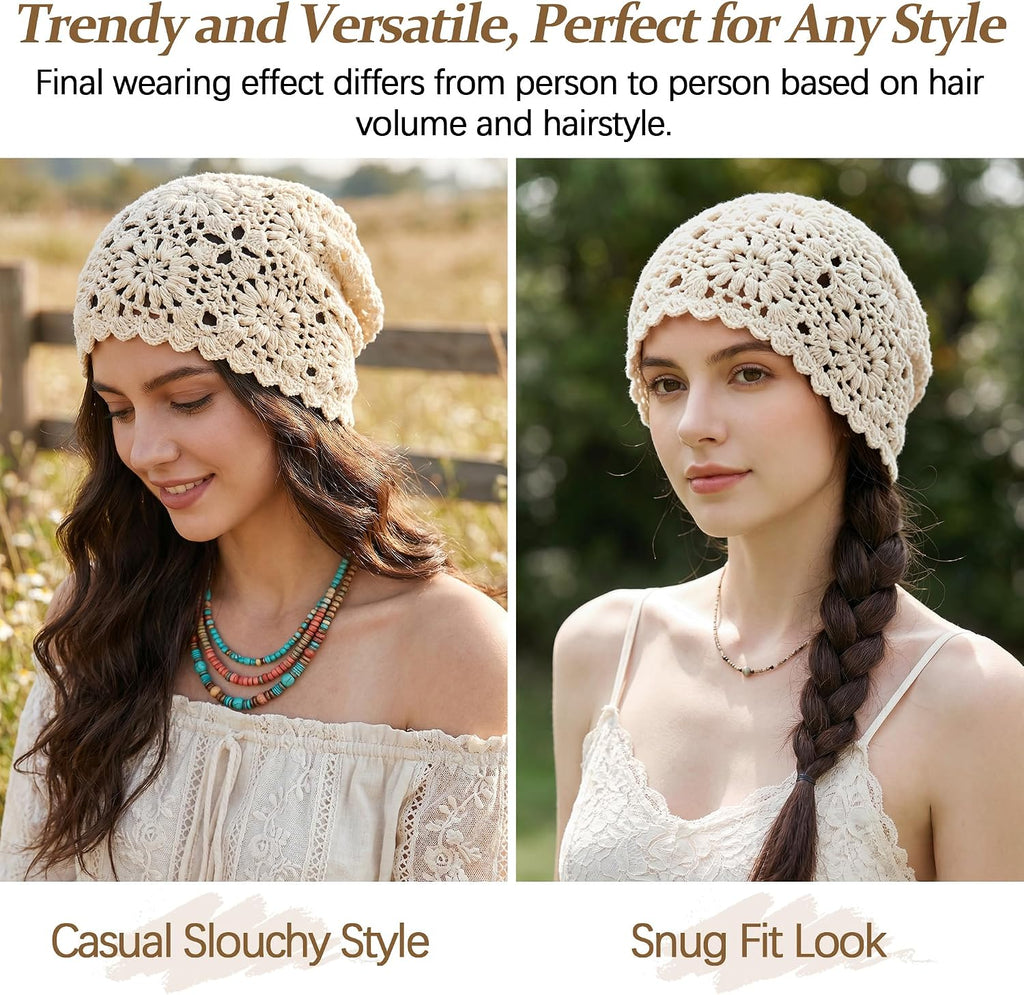 Women's 100% Cotton Handmade Crochet Hat Boho Beanie Handmade Knit Skull Caps for All Seasons