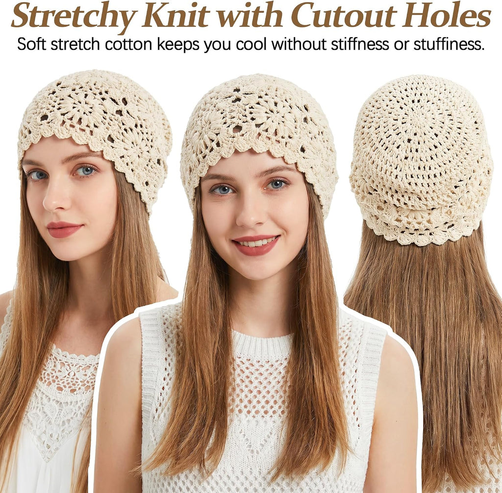 Women's 100% Cotton Handmade Crochet Hat Boho Beanie Handmade Knit Skull Caps for All Seasons